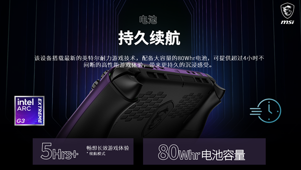 MSI Claw 8 EX AI+ 配备行业领先的 80Whr 电池,提供超过 4 小时的游戏时间,适合延长便携式游戏体验