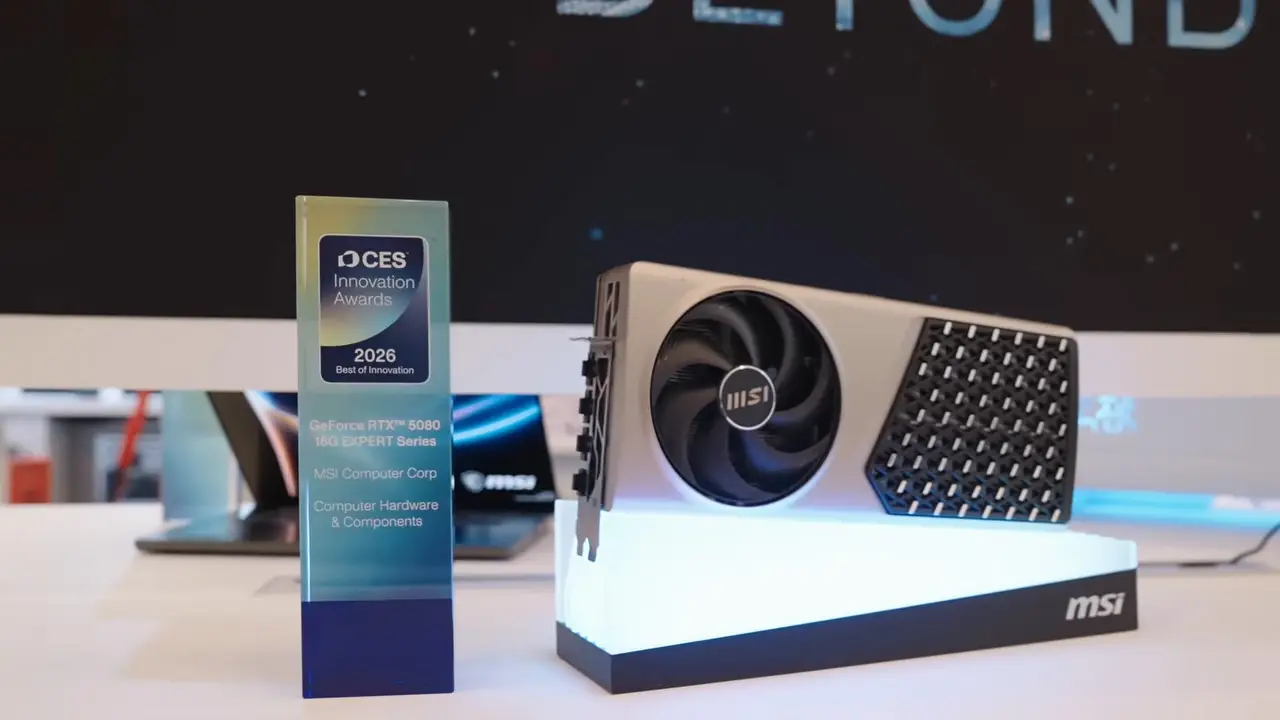 MSI CES 2026 : 荣获 CES 2026 最佳创新奖的 MSI GeForce RTX 5080 16G EXPERT 系列显卡，采用独特金属网格设计与单风扇构造。