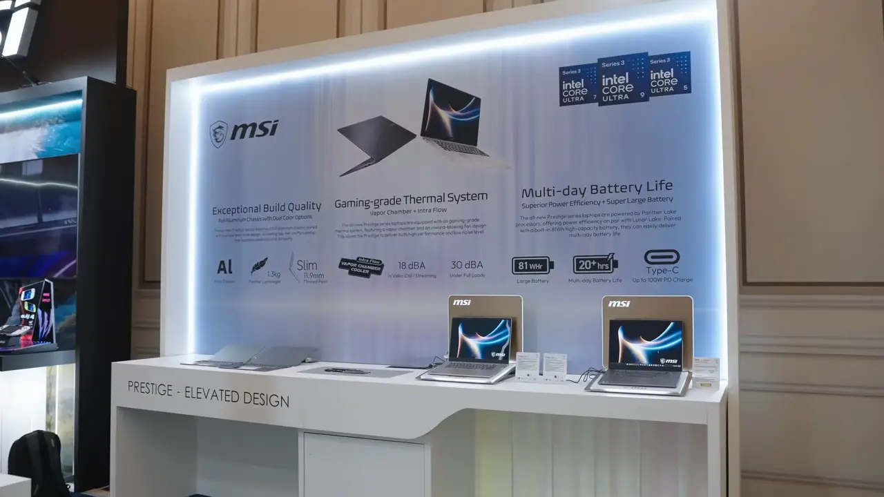 MSI CES 2026 : MSI Prestige 系列笔记本电脑展示墙，强调其采用 Intel Core Ultra 处理器、极致轻薄与超过 20 小时的续航力。