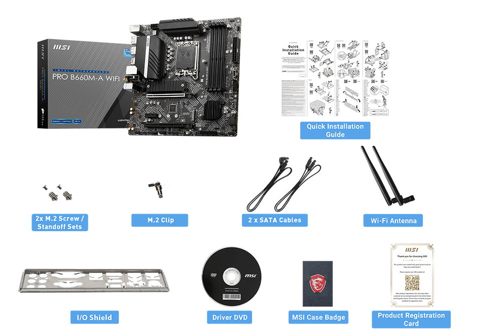 MSI PRO B660M-A WIFI DDR4 box content