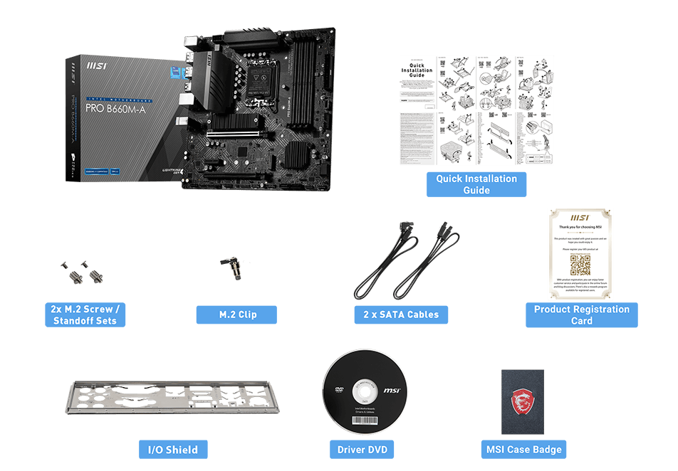 MSI PRO B660M-A WIFI DDR4 box content